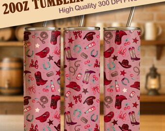 Cowgirl Crush | Cherry Cola Rodeo Seamless 20oz Skinny Tumbler Wrap - 300 DPI PNG Instant DL, Girly Country Western Red and Pink Boots, Hats