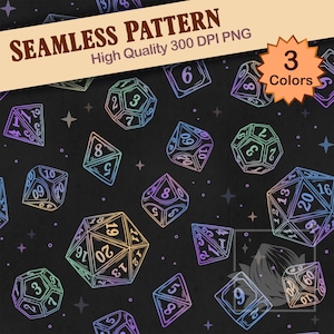 以下が含まれることがあります： 黒い背景に、虹色のグラデーションで様々なサイコロが描かれたシームレスパターン。サイコロは様々な形をしており、数字が表示されています。「SEAMLESS PATTERN」と「High Quality 300 DPI PNG」の文字が上部にあります。オレンジ色のタグには「3 Colors」と書かれています。