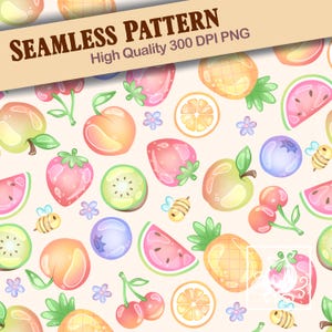 May include: A seamless pattern featuring a variety of fruits, including watermelon, kiwi, pineapple, peach, strawberries, cherries, oranges, and apples. The fruits are depicted in a cartoon style with bright colours and a glossy finish. The background is a light pink.