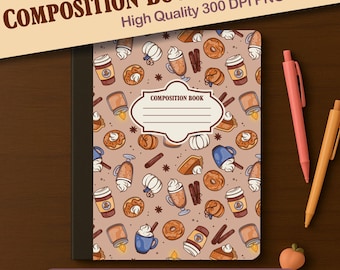Pumpkin Everything | Cozy Fall Coffee and Sweets Composition Book Wrap – Front & Back 300 DPI PNG – Hand Drawn Notebook Skin, Autumn Cafe