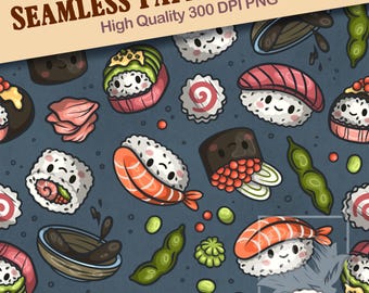 Miso Cute | Kawaii Sushi Seamless Pattern – 300 DPI PNG Instant DL – Hand-Drawn Japanese Food, Edamame, Seafood, Soy Sauce, Wasabi, Rice