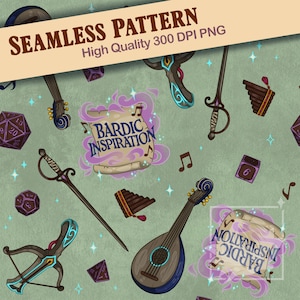 Puede incluir: Patrón sin costuras con ilustraciones de fantasía. Incluye un laúd, un arco, una espada, dados y una flauta de pan, con el texto "BARDIC INSPIRATION". El fondo es de color verde claro con notas musicales y estrellas.