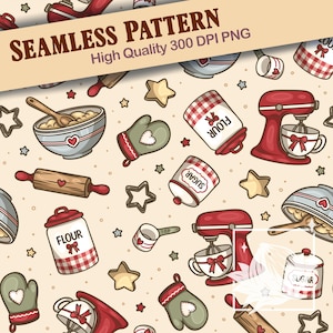 Peut inclure: Un motif répétitif illustrant des ustensiles de pâtisserie sur un fond beige clair. Le design comprend des batteurs sur socle rouges, des boîtes blanches marquées Flour et Sugar avec des détails à carreaux rouges, des rouleaux et des étoiles.