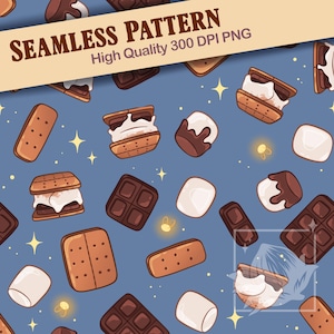 May include: Seamless pattern featuring s'mores, chocolate bars, marshmallows, and graham crackers on a blue background. The design includes the text "SEAMLESS PATTERN" and "High Quality 300 DPI PNG". The pattern is filled with stars and fireflies.