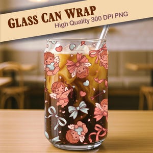 May include: A clear glass can wrap featuring a design of cherubs, bows, and hearts. The cherubs are holding hearts and bows, and the bows are pink and blue. The glass has a drink with a straw in it. The text "GLASS CAN WRAP" is at the top.
