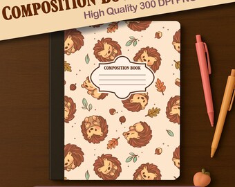 Hedgehog Harvest | Cute Fall Woodland Baby Composition Book Wrap – Front & Back 300 DPI PNG – Hand Drawn Notebook Skin, Children’s Sleep