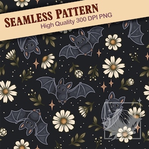Può includere: Un motivo senza cuciture con pipistrelli dei cartoni animati con corpi grigio scuro e ali grigio chiaro, intervallati da fiori di margherita bianchi, foglie verdi e piccole stelle a quattro punte su uno sfondo nero. Testo: SEAMLESS PATTERN High Quality 300 DPI PNG.