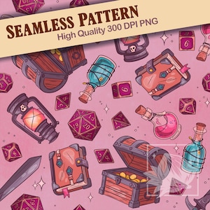 Può includere: Motivo senza cuciture con elementi fantasy RPG. Il design presenta forzieri, bottiglie di pozioni, dadi, lanterne e libri di incantesimi nei toni del marrone, rosa e viola. Il testo "SEAMLESS PATTERN" e "High Quality 300 DPI PNG" sono visibili.