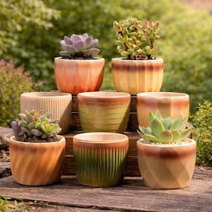 Set of 8 Ceramic Succulent Planters, Textured Desk Decor Pots, Plant Lover Gift
