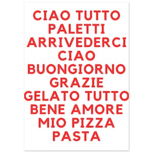 Póster rojo con palabras en italiano: decoración de pared con arte lingüístico. Póster para aprender italiano. Diseño moderno para cocina, oficina o salón.