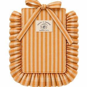 May include: A rectangular fabric pouch featuring a yellow and white vertical striped pattern with a ruffled border. A matching yellow and white gingham ribbon is tied at the top. A white label reads Poppy & Thread Handmade Gifts with a flower icon.