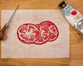 Mato - handmade handprinted tomato slice cooking gardening linocut block print