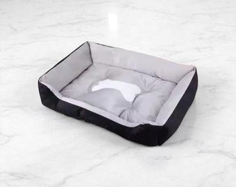 Plush Square Dog Bed – Bone Kernel Pattern, Washable Cushion