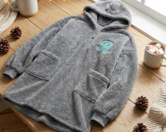 Custom Embroidered Plush Poncho | Personalized Monogrammed Crewneck, Cozy Fleece Hoodie