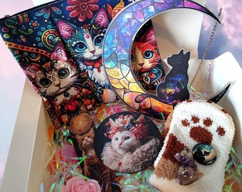 Geschenkbox für Katzenliebhaber | Gemütliche Katzenpfoten-Socken, Kristallkatze, Schminktasche und Mehr | Nettes Geschenk für Katzenmamas & Feline Fans
