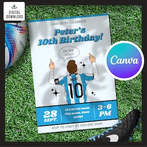 Messi Birthday Invitation Card, editable birthday template, printable birthday invitation, soccer birthday card, digital download