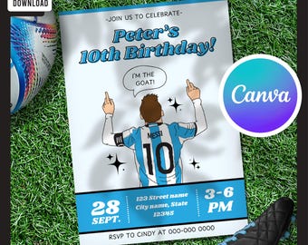 Tarjeta de invitación de cumpleaños de Messi: Plantilla editable (descarga digital)