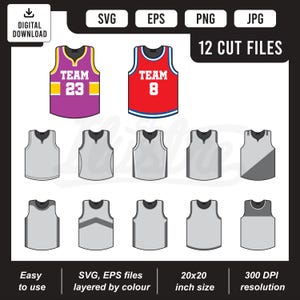 Aanpasbare SVG-bundel basketbaljersey | 12 jerseyontwerpen voor gepersonaliseerde naam, nummer en logo | Directe download van gesneden bestanden