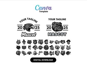 May include: A Canva template featuring various mascot designs in grayscale. The image includes an eagle and bulldog mascot, along with a collection of other animal and character illustrations. Text includes "Your Tagline", "Mascot", and "Digital Download".