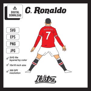 File SVG di Cristiano Ronaldo, file di taglio svg di calcio, EPS, PNG, jpg, Clipart, alta risoluzione. Ottimo per biglietti, adesivi, magliette e altro ancora.