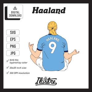 Haaland Manchester City, file SVG, file svg di calcio, EPS, PNG, jpg, Clipart, alta risoluzione. Ottimo per carte, adesivi, magliette e altro ancora.