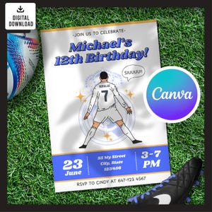 Carte d'anniversaire Cristiano Ronaldo Real Madrid, modèle d'anniversaire modifiable, invitation d'anniversaire imprimable, fête de football, modèle d'invitation
