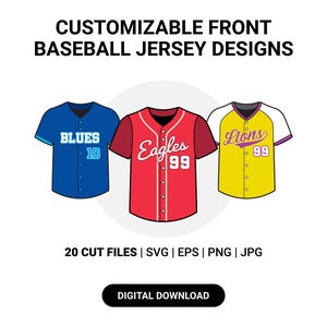 May include: An illustration of three baseball jerseys in blue, red, and yellow. The blue jersey says "Blues" and has the number 10. The red jersey says "Eagles" and has the number 99. The yellow jersey says "Lions" and has the number 99. The text "CUSTOMIZABLE FRONT BASEBALL JERSEY DESIGNS" is at the top.