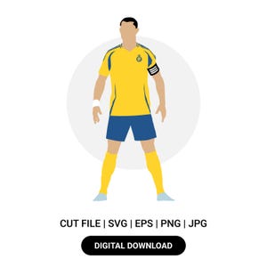May include: A digital illustration of a soccer player in a yellow and blue uniform. The player is standing with legs apart, wearing a captain's armband. The image includes the text "CUT FILE | SVG | EPS | PNG | JPG" and "DIGITAL DOWNLOAD".