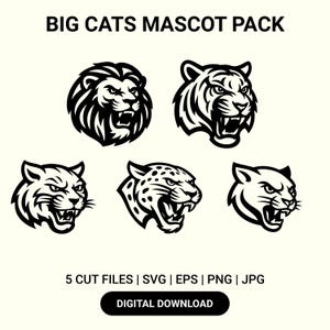 Big Cats Mascot Pack | 5 Logos | SVG, PNG, EPS, jpg | Lion, Tiger, Panther, Jaguar, Wildcat | Sports Team Cricut Bundle