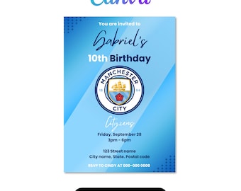 Editable Manchester City Birthday Invitation | Canva Template | Printable Football Party Invite | Digital Download