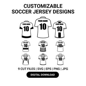 Könnte beinhalten: Schwarz-weiße Grafik mit anpassbaren Fußballtrikot-Designs. Das Bild zeigt neun verschiedene Trikotdesigns mit dem Text "YOUR NAME" und der Nummer "10". Der Text "CUSTOMIZABLE SOCCER JERSEY DESIGNS" befindet sich oben.