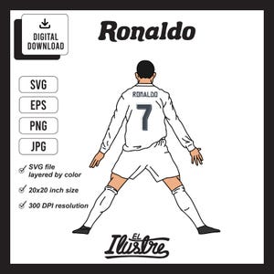 File SVG di Cristiano Ronaldo, file di taglio svg di calcio, EPS, PNG, jpg, Clipart, alta risoluzione. Ottimo per biglietti, adesivi, magliette e altro ancora.