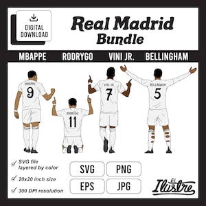 May include: Digital download bundle of four Real Madrid soccer players, including Mbappe, Rodrygo, Vini Jr., and Bellingham, in white jerseys with their names and numbers on the back. The players are depicted in various poses, including celebrating a goal, kneeling, and standing with arms raised. The image includes the text "Real Madrid Bundle" and "Ilustre".