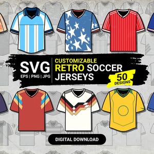 Könnte beinhalten: Sammlung von Retro-Fußballtrikots in verschiedenen Designs und Farben, darunter Orange, Blau und Rot. Das Bild enthält den Text "SVG Retro Soccer Jerseys" und "50 Designs."