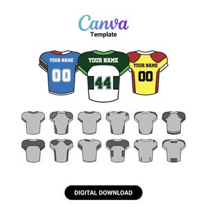 May include: Digital download of a Canva template featuring three football jerseys in blue, green, and yellow, each with a different number and the text "YOUR NAME". Below are several gray t-shirt designs. The image includes the text "Canva Template" and "DIGITAL DOWNLOAD".