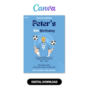 以下が含まれることがあります： 「Peter's 9th Birthday」の文字が入った水色の誕生日招待状。サッカー選手が2つのサッカーボールをジャグリングしている漫画のイラストが特徴です。「DIGITAL DOWNLOAD」の文字が下部にあります。