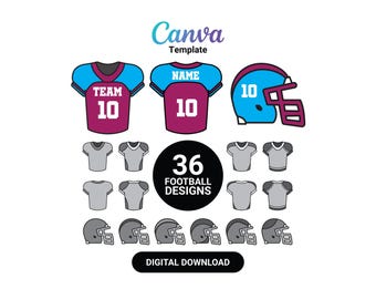 カスタムフットボールジャージテンプレート：Canvaで編集可能な36種類のデザイン（前面、背面、ヘルメット）（すぐにダウンロード可能）