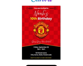 Editable Manchester United Birthday Invitation | Canva Template | Printable Football Party Invite | Digital Download