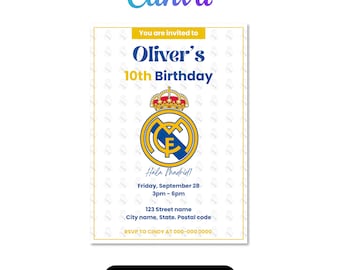 レアル・マドリード誕生日招待状｜編集可能なCanvaテンプレート｜印刷可能なサッカーパーティー招待状｜デジタルダウンロード