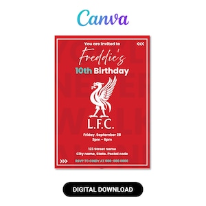 Invitación de cumpleaños del Liverpool FC/Plantilla editable de Canva/Invitación imprimible para fiesta de fútbol/Descarga digital