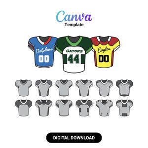 May include: Digital download of a Canva template featuring illustrations of football jerseys. The jerseys are in blue, green, and yellow with team names and numbers. Below are several gray t-shirts with shoulder pads.