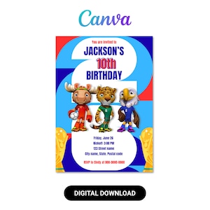 Puede incluir: Una invitación digital para el décimo cumpleaños de Jackson, con personajes de animales de dibujos animados con uniformes de fútbol. La invitación incluye detalles del evento e información de confirmación de asistencia, sobre un fondo azul y rojo.