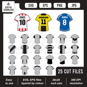 Paquete SVG de camisetas de fútbol personalizables / 25 diseños de camisetas dorsales para nombre y número personalizados / Camisetas traseras / Archivos de corte de descarga instantánea