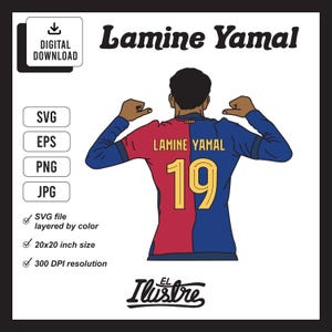 Archivo SVG de Lamine Yamal Barcelona, archivo SVG de fútbol, EPS, PNG, jpg, clipart, alta resolución, ideal para tarjetas, pegatinas, camisetas y más.