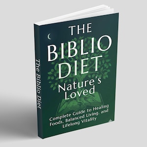 Puede incluir: Un libro de tapa dura titulado "The Biblio Diet" con una cubierta verde oscuro. El título está en letras blancas grandes, con el subtítulo "Nature's Loved". La portada del libro también incluye una ilustración de un árbol y el texto "Complete Guide to Healing Foods, Balanced Living, and Lifelong Vitality."