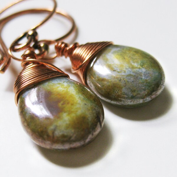 40% OFF SALE! Green Earrings Copper Earrings Sage Glass Marbled Glass Speckled Green Dangly Earrings Artisan Crafted Earwires Last Pair