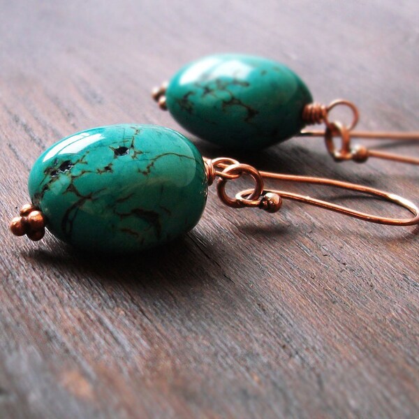 Turquoise Earrings. Rose Gold Earrings. Shiny Copper Jewelry. Rustic Jewelry. Charming natural turquoise gemstones.