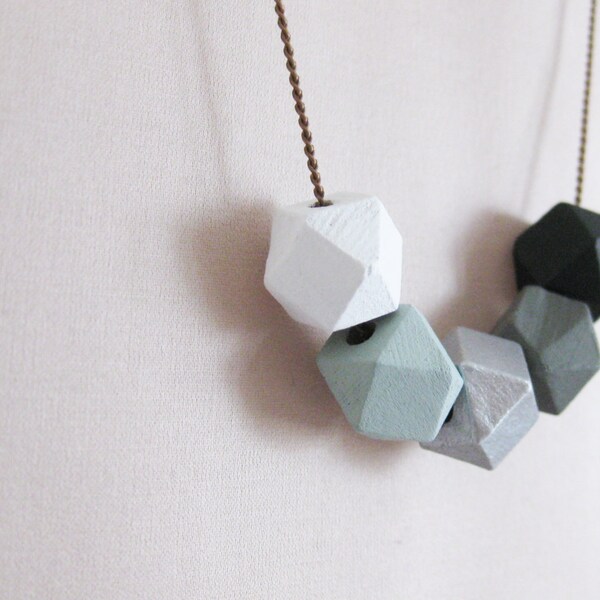 Geometric Necklace. Wood Ombre Necklace. Faceted Beads. Bohemian Jewelry. Grey Shades. Hand painted.