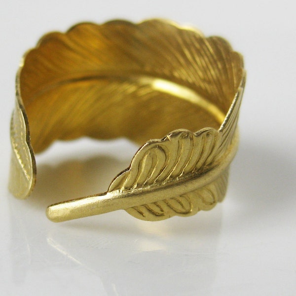 Gold Feather Ring. Gold Ring. Raw Brass Adjustable Ring. Open Feather Jewelry. Vegan Feather. Gold Jewelry. Raw Brass Ring. Brass Feather.