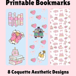 Set van 8 Coquette-afdrukbare bladwijzers | Schattig roze en blauw | Digitale download | Cadeau boekenliefhebbers | Speels thema | Roze strik meisjestijdperk